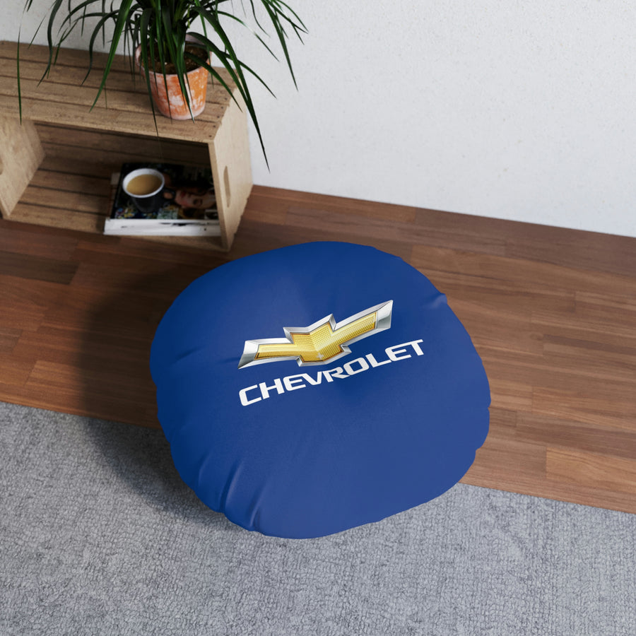 Dark Blue Chevrolet Tufted Floor Pillow, Round™